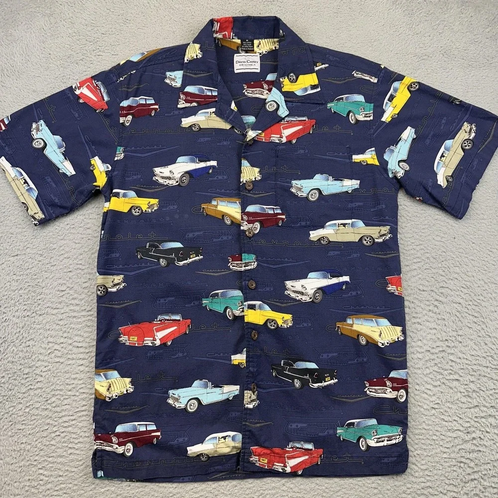 David Carey Shirt Mens‎ Medium Navy Hawaiian Aloha Camp Chevrolet Classic Cars